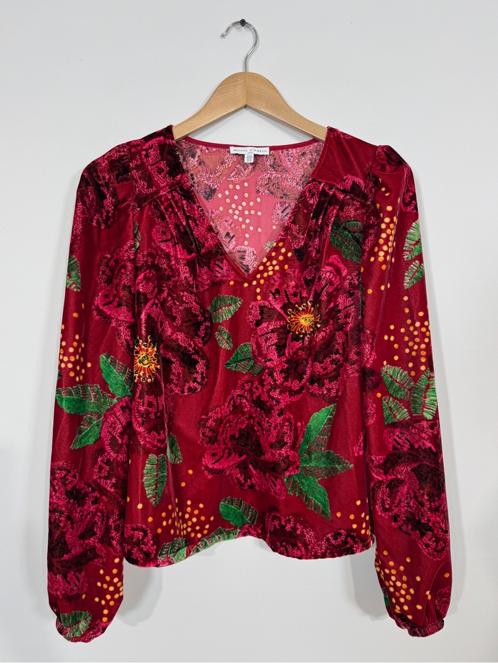 WSH137 {Maison d'Amelie} Red Velvet Velour Floral Long Sleeve V-Neck Blouse Top